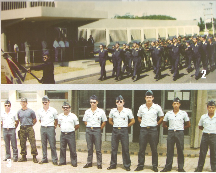 Na foto de cima uma formatura na Base Aérea de Santa Maria. Note os pilotos, à frente da tropa, usando óculos Ray-Ban Aviator. Na foto de baixo graduados do Esquadrão Centauro 