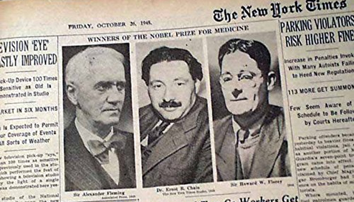 Alexander Fleming, Howard Florey e Ernst Chain em notícia no NYT, sobre o Prêmio Nobel de Medicina, em 1945